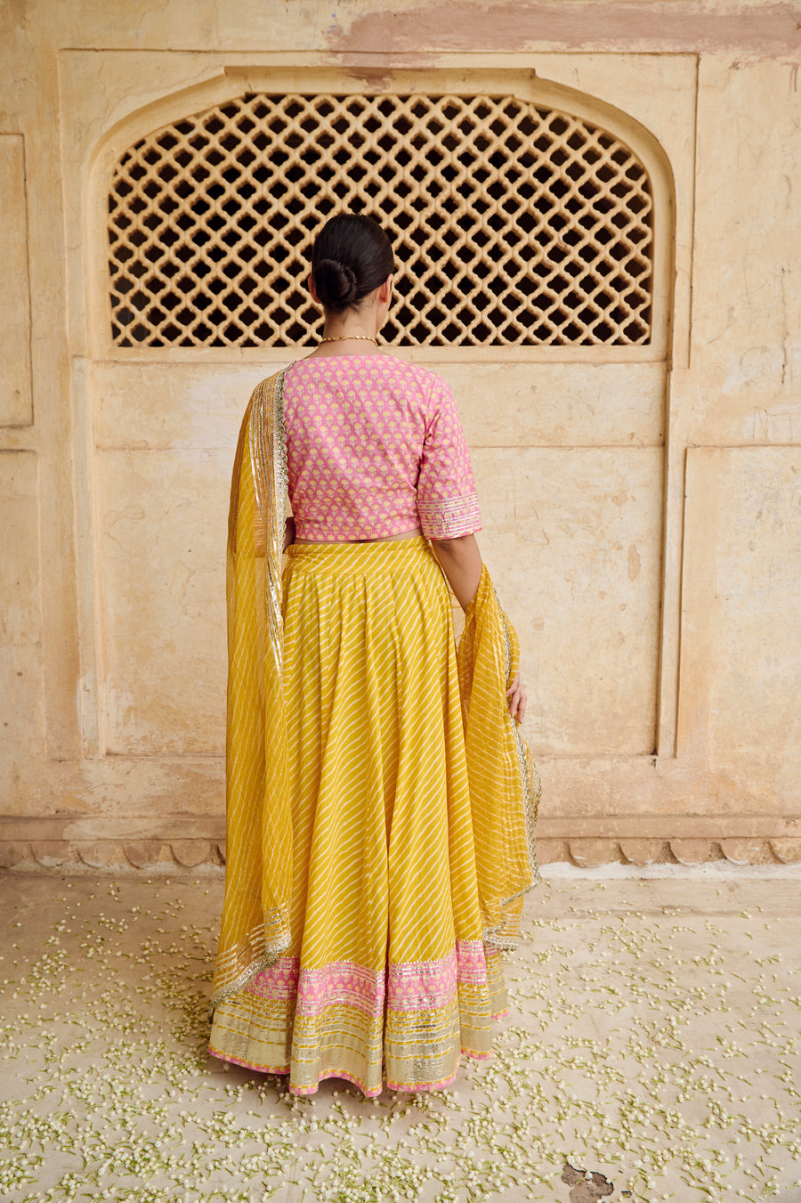 Pink Yellow Cotton Gota Work Lehenga Set with Dupatta