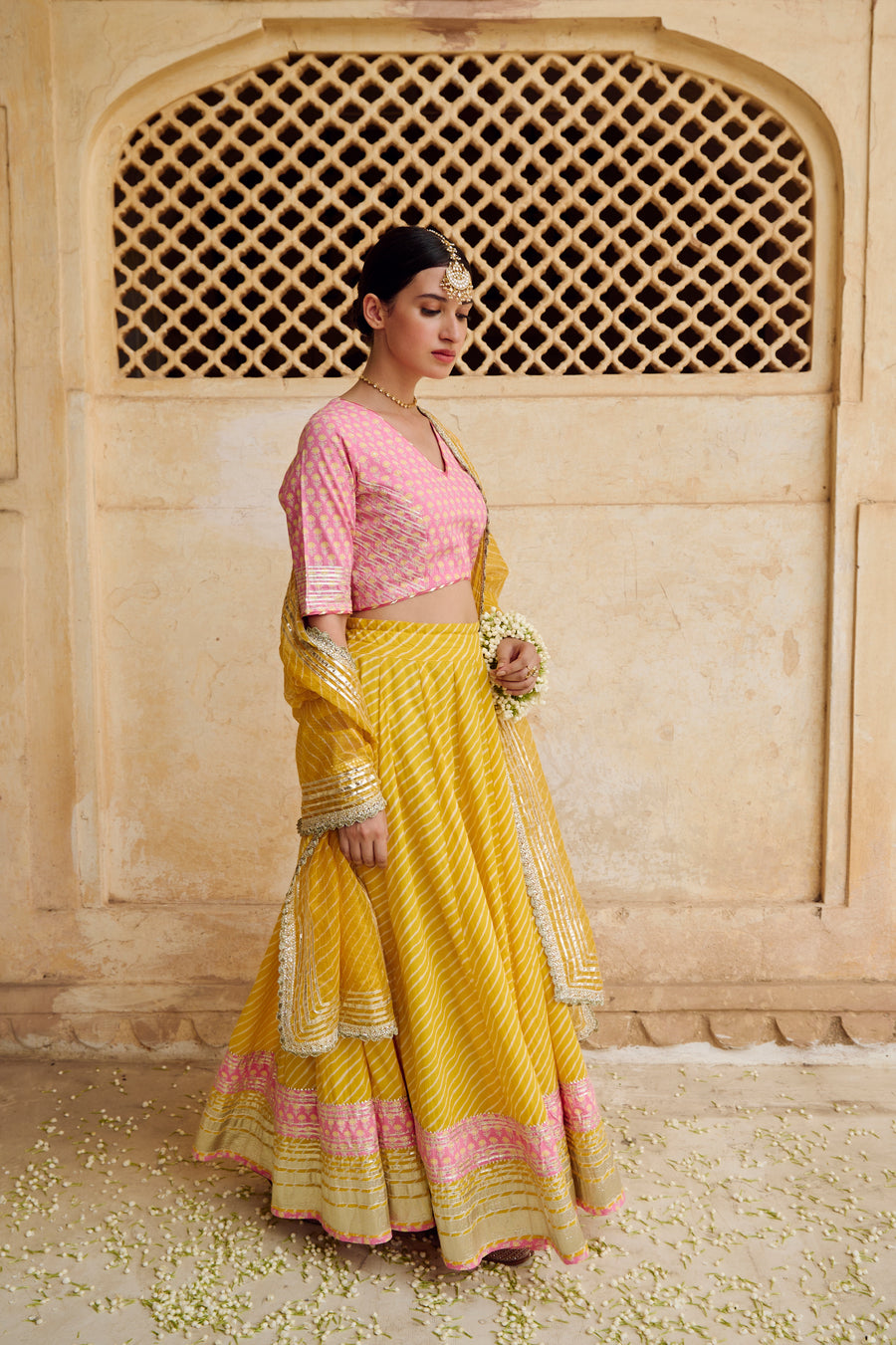 Pink Yellow Cotton Gota Work Lehenga Set with Dupatta