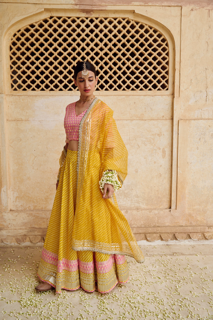 Pink Yellow Cotton Gota Work Lehenga Set with Dupatta
