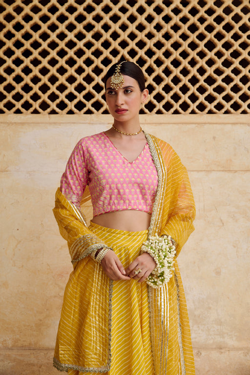 Pink Yellow Cotton Gota Work Lehenga Set with Dupatta