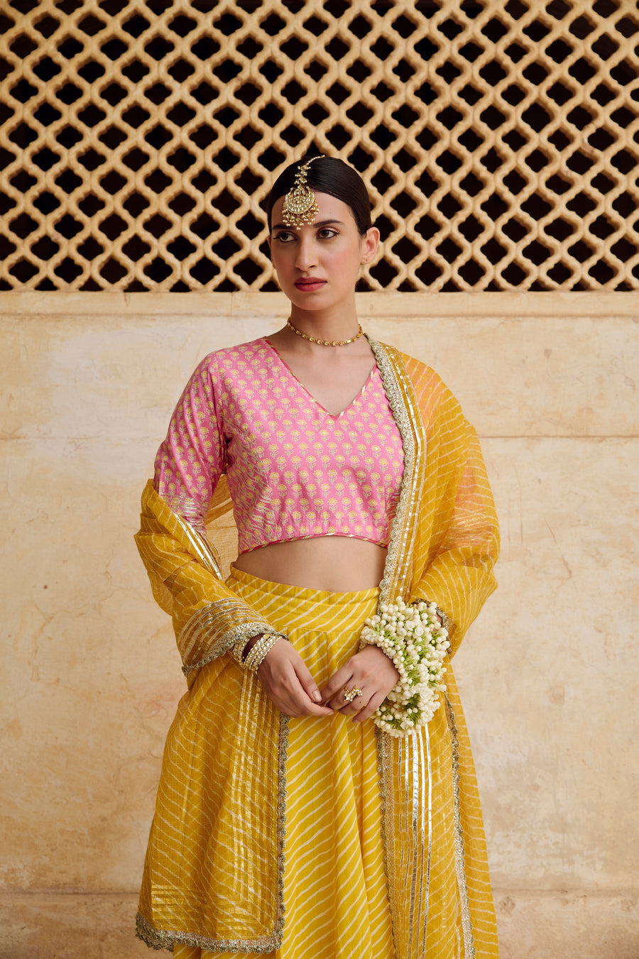 Pink Yellow Cotton Gota Work Lehenga Set with Dupatta