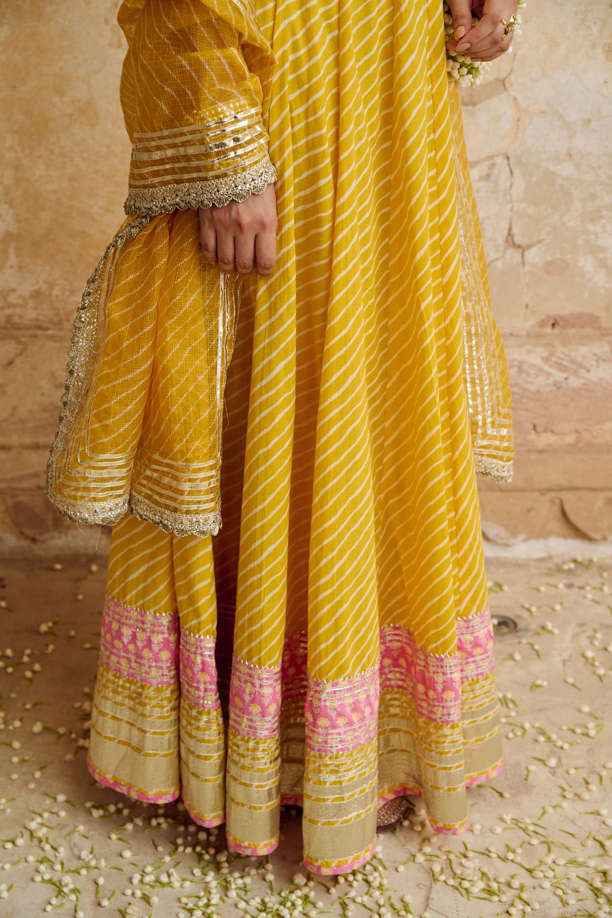 Pink Yellow Cotton Gota Work Lehenga Set with Dupatta