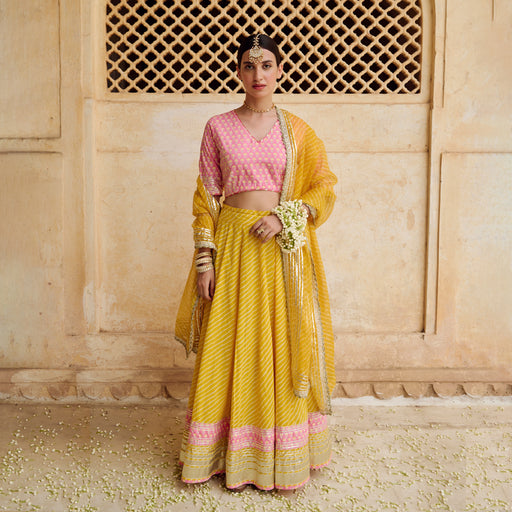 Pink Yellow Cotton Gota Work Lehenga Set with Dupatta