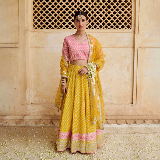 Pink Yellow Cotton Gota Work Lehenga Set with Dupatta