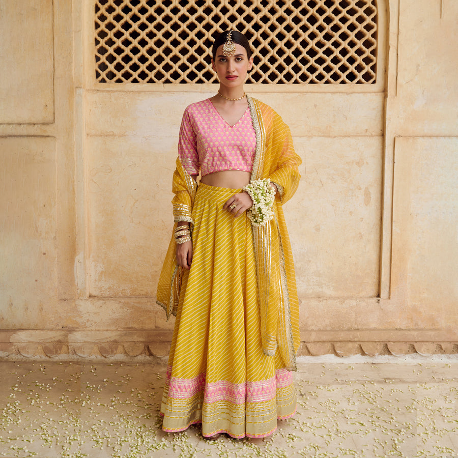 Pink Yellow Cotton Gota Work Lehenga Set with Dupatta