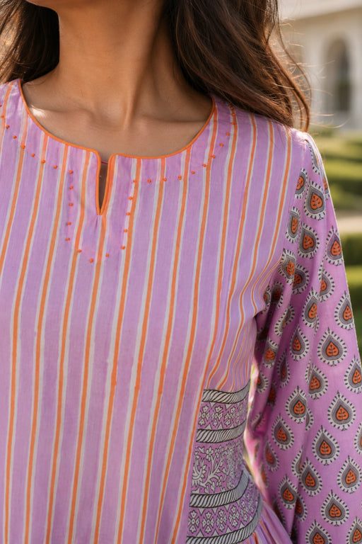 Pink Block Printed Cotton Dress with Hand Work on Neck