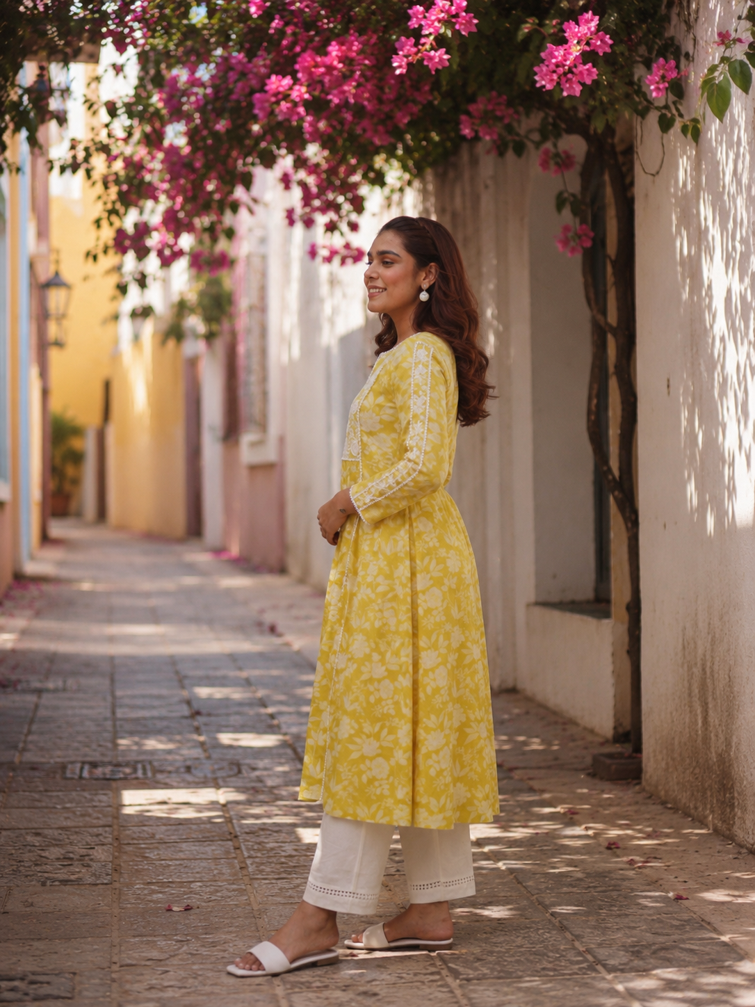 Yellow Floral Printed Mulmul Kurta With Lucknowi Embroidery