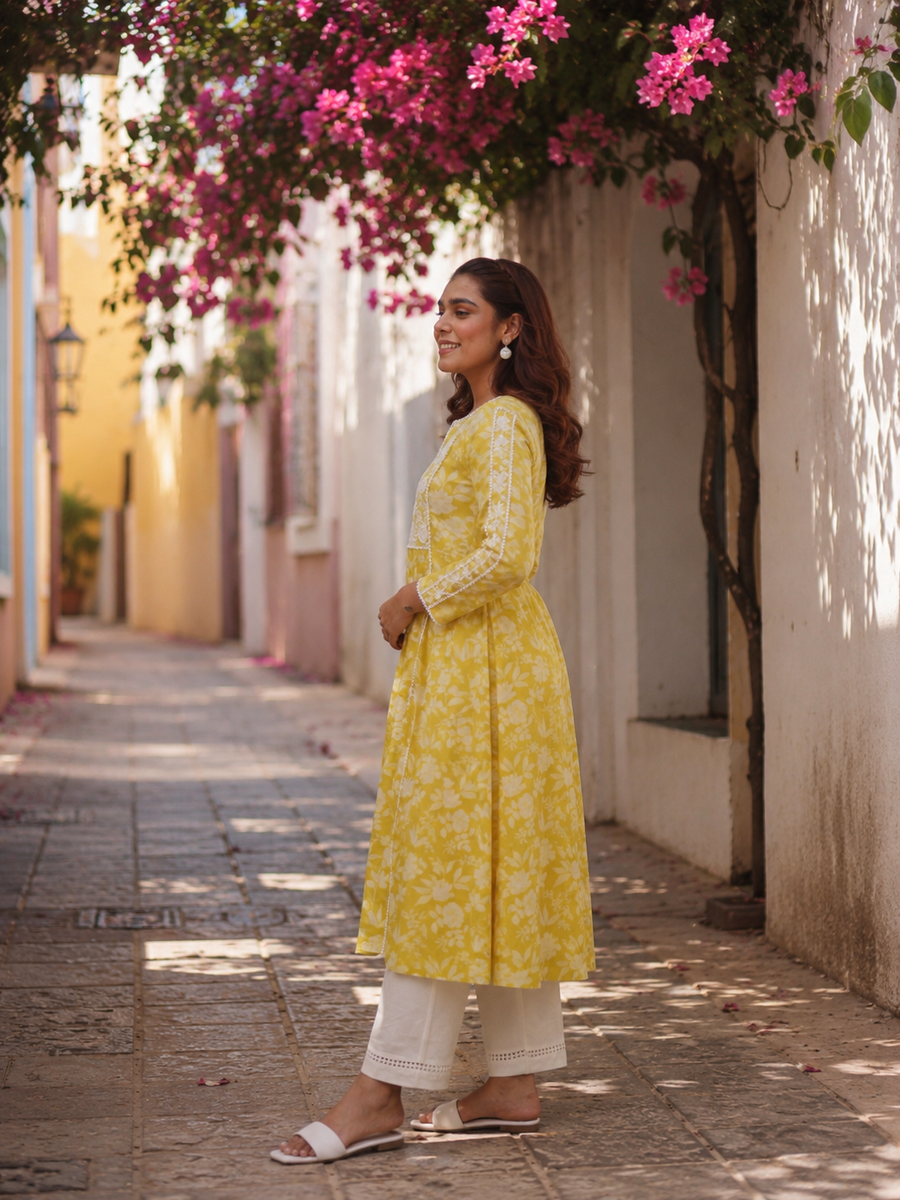Yellow Floral Printed Mulmul Kurta With Lucknowi Embroidery