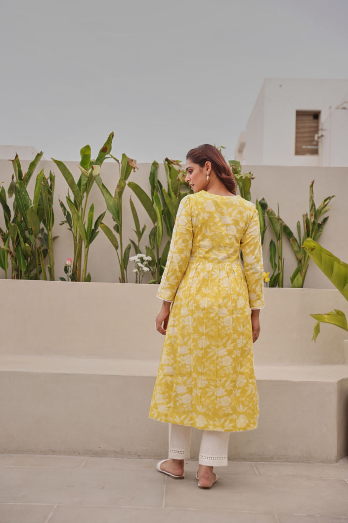 Yellow Floral Printed Mulmul Kurta With Lucknowi Embroidery