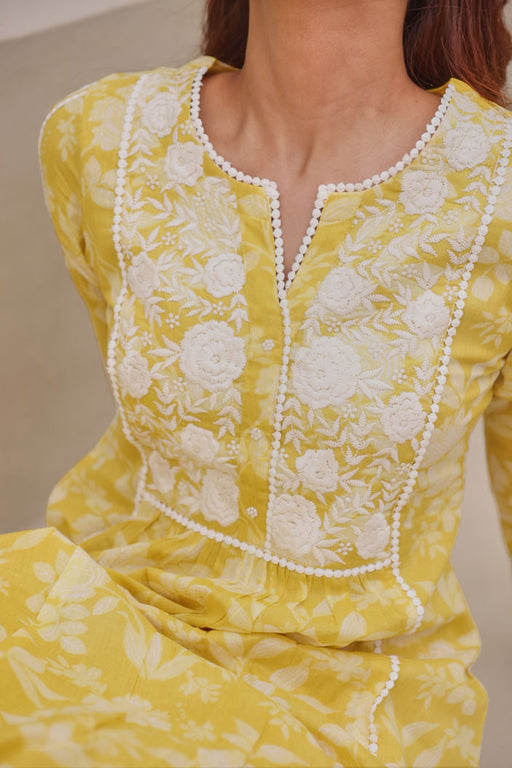 Yellow Floral Printed Mulmul Kurta With Lucknowi Embroidery