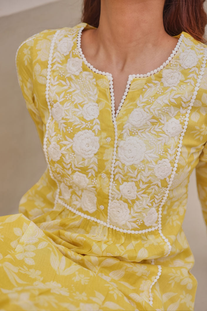 Yellow Floral Printed Mulmul Kurta With Lucknowi Embroidery