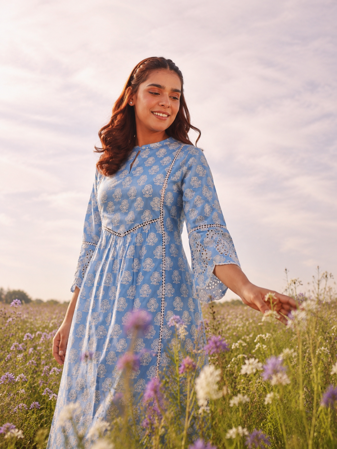 Blue Printed Cotton Kurta with Schiffli Lace & Sequin Work
