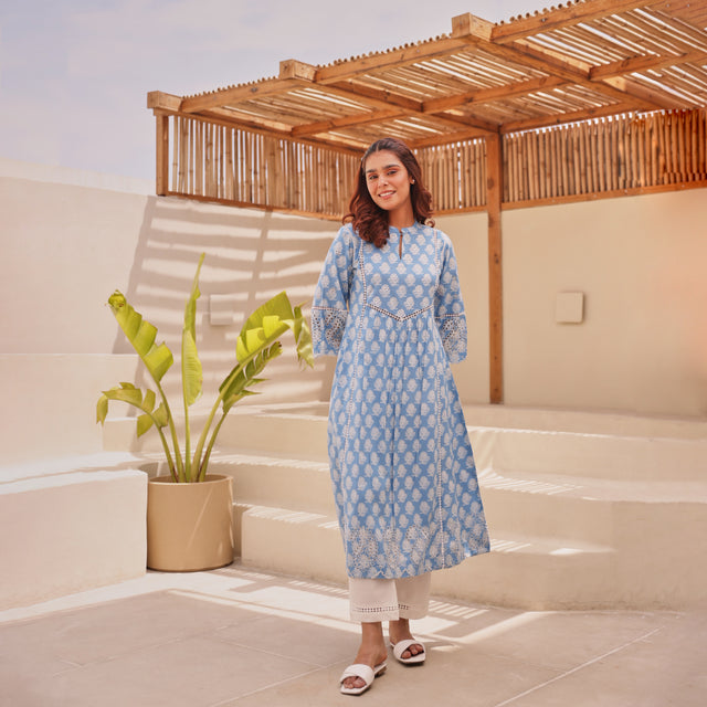 Blue Printed Cotton Kurta with Schiffli Lace & Sequin Work