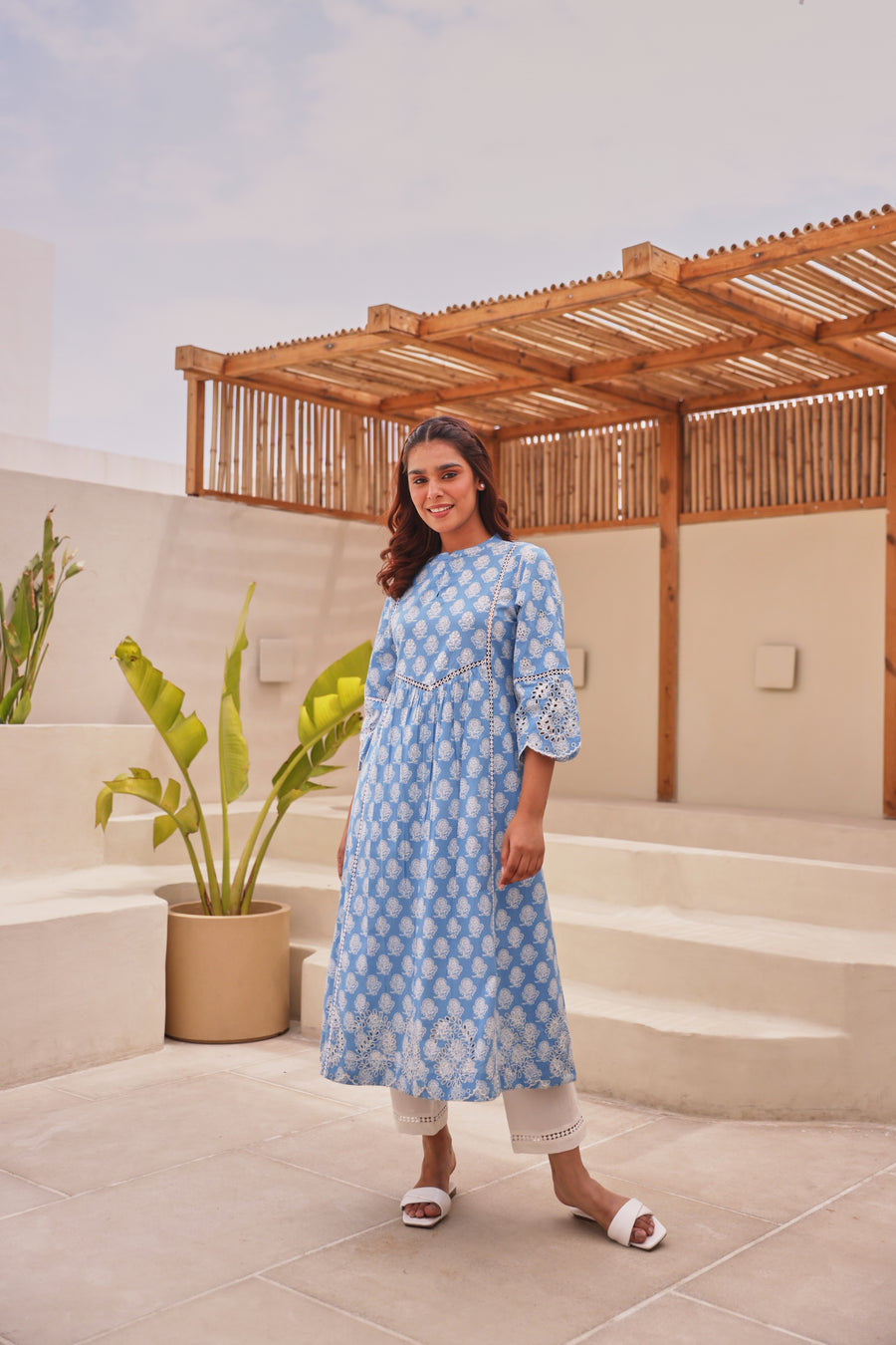 Blue Printed Cotton Kurta with Schiffli Lace & Sequin Work