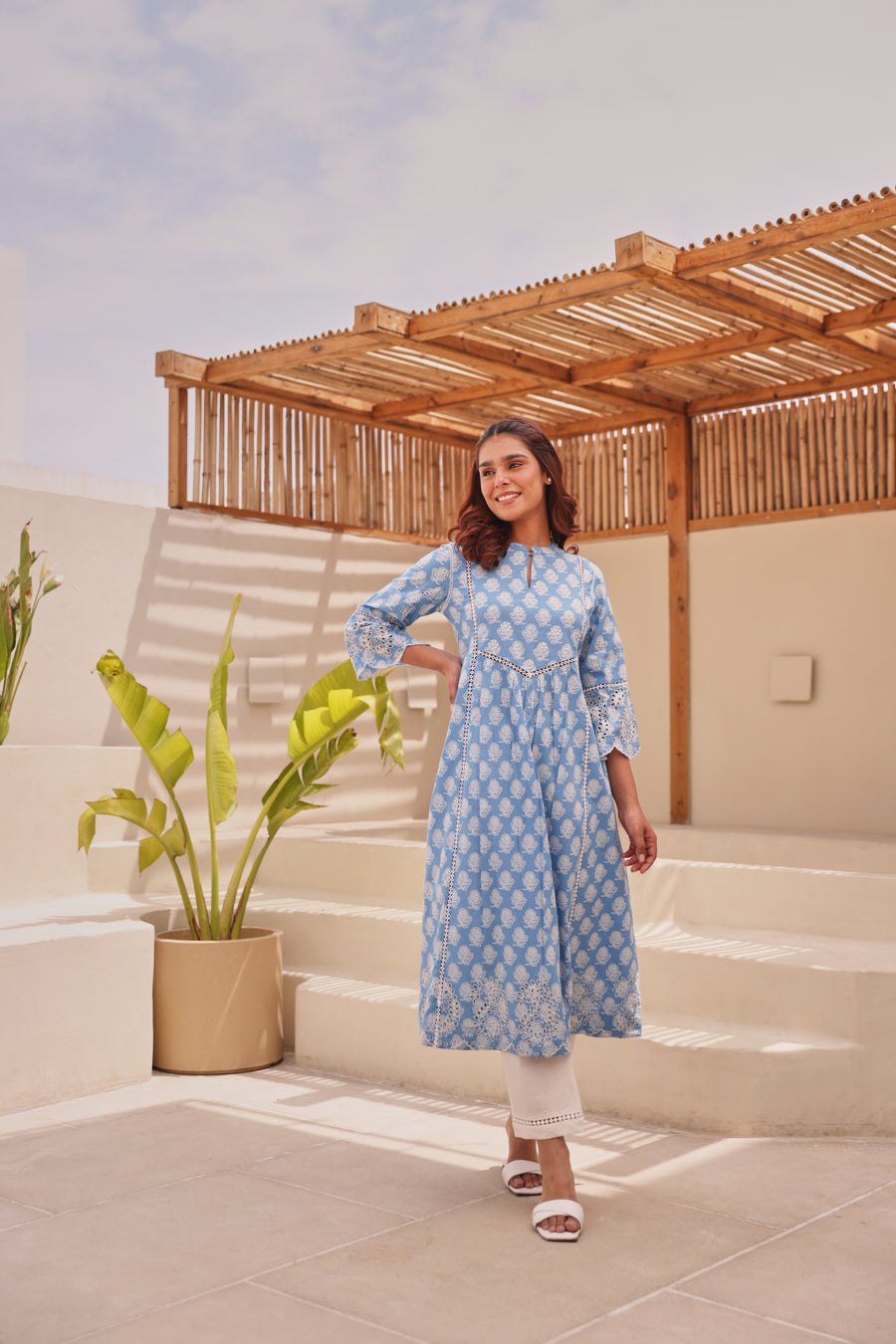 Blue Printed Cotton Kurta with Schiffli Lace & Sequin Work
