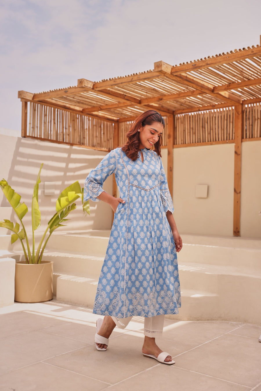 Blue Printed Cotton Kurta with Schiffli Lace & Sequin Work