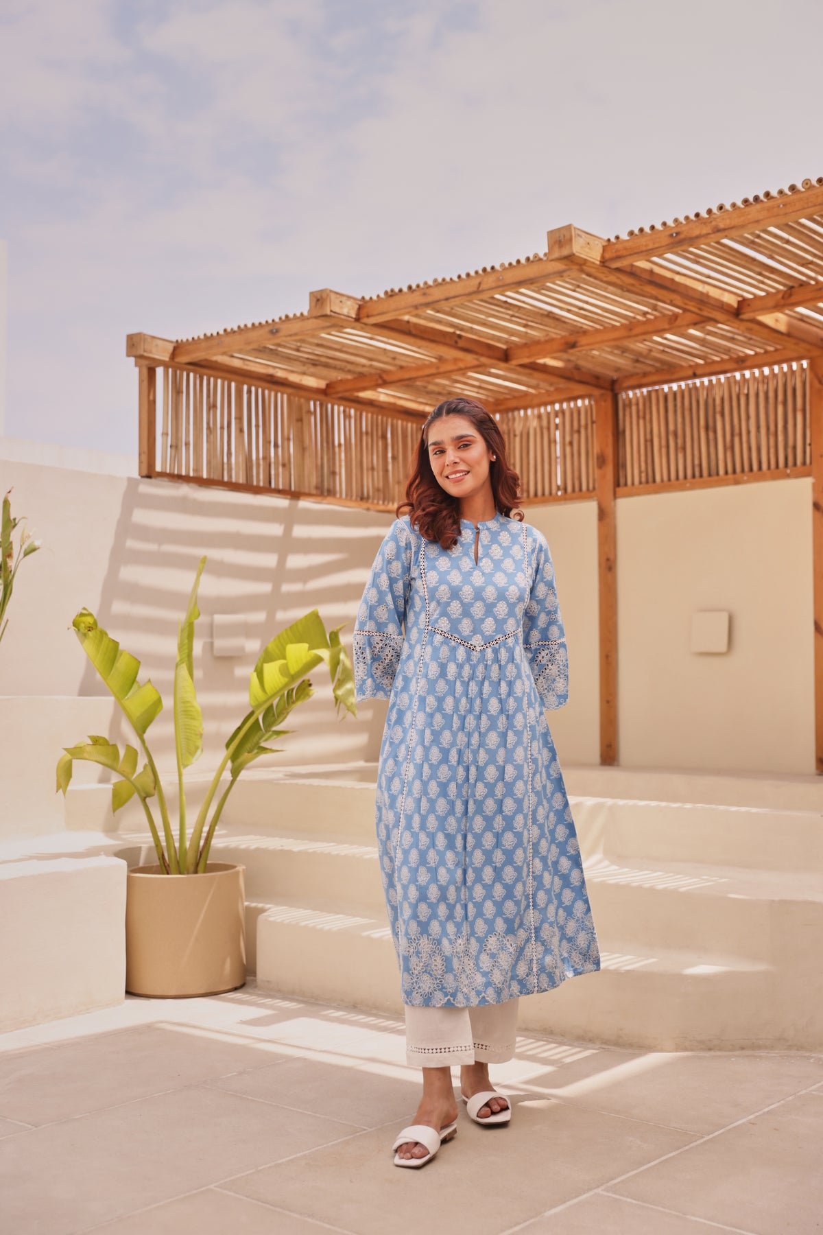Blue Printed Cotton Kurta with Schiffli Lace & Sequin Work