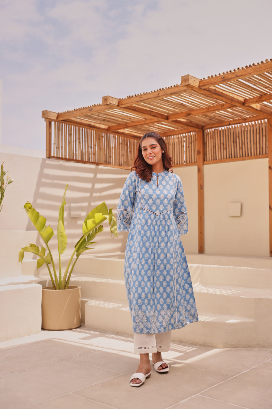 Blue Printed Cotton Kurta with Schiffli Lace & Sequin Work