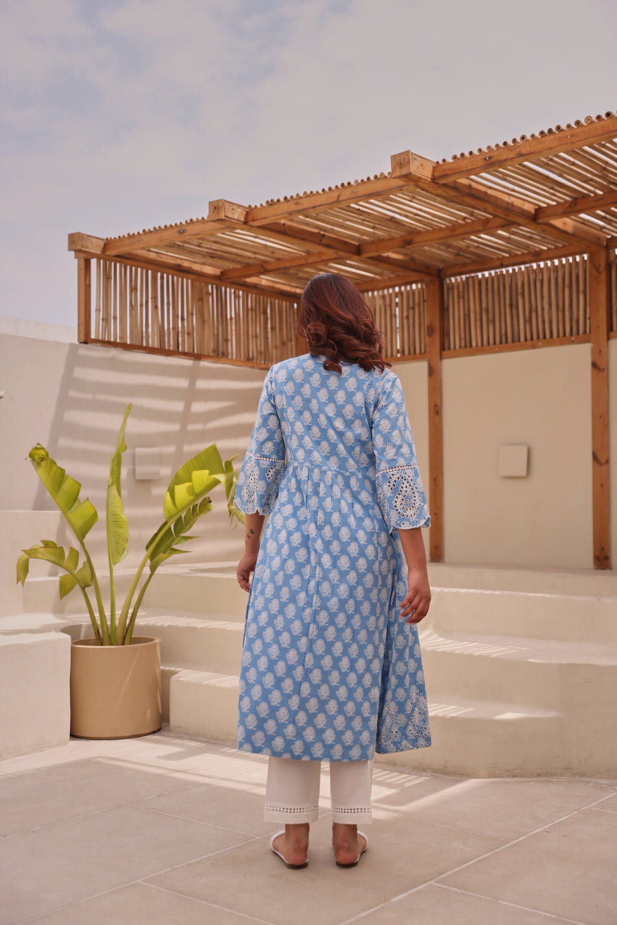 Blue Printed Cotton Kurta with Schiffli Lace & Sequin Work