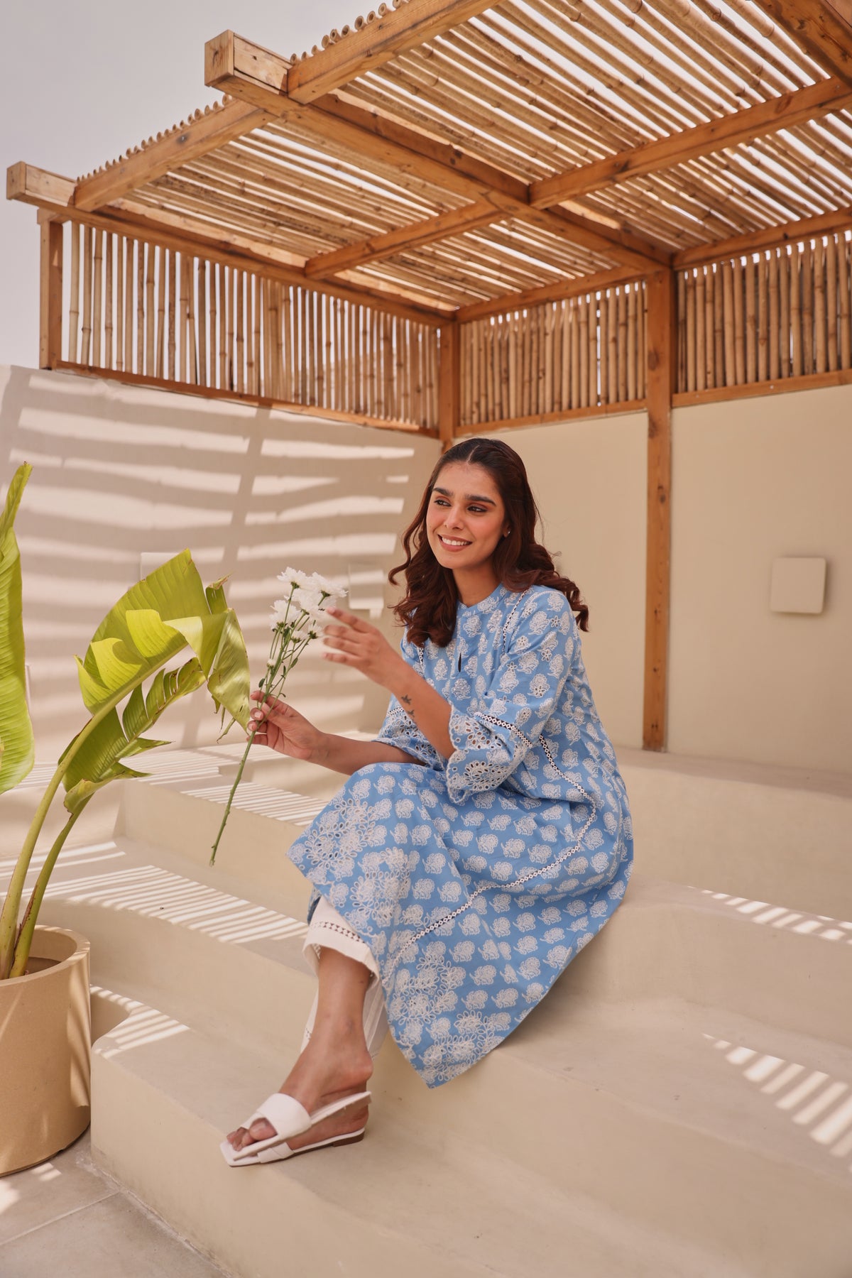 Blue Printed Cotton Kurta with Schiffli Lace & Sequin Work