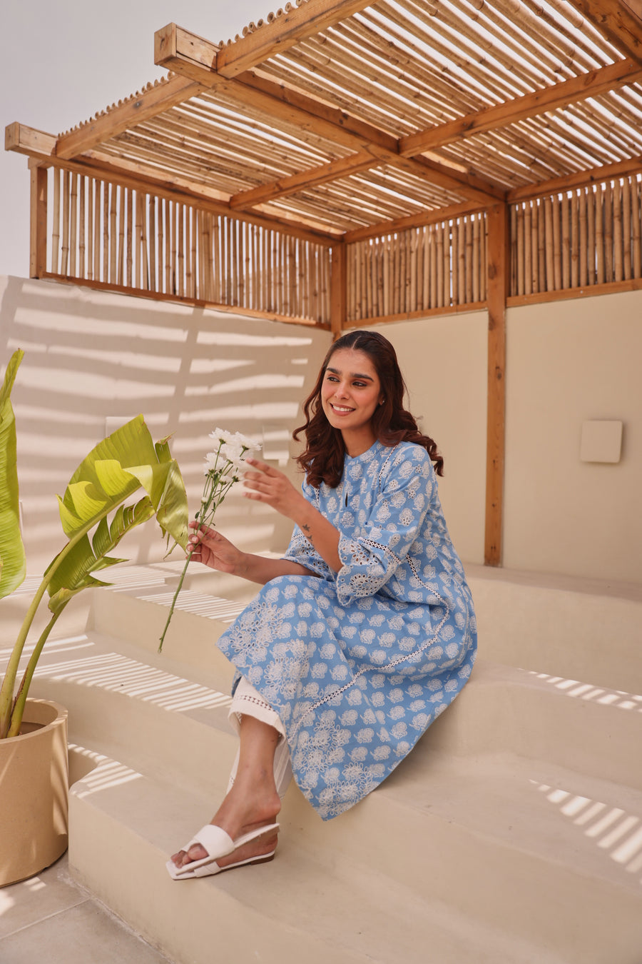Blue Printed Cotton Kurta with Schiffli Lace & Sequin Work