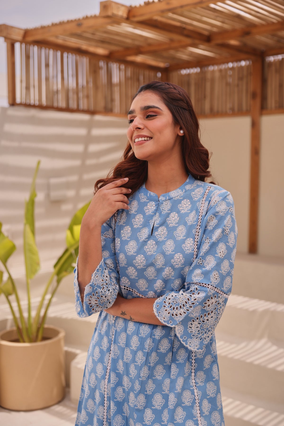 Blue Printed Cotton Kurta with Schiffli Lace & Sequin Work