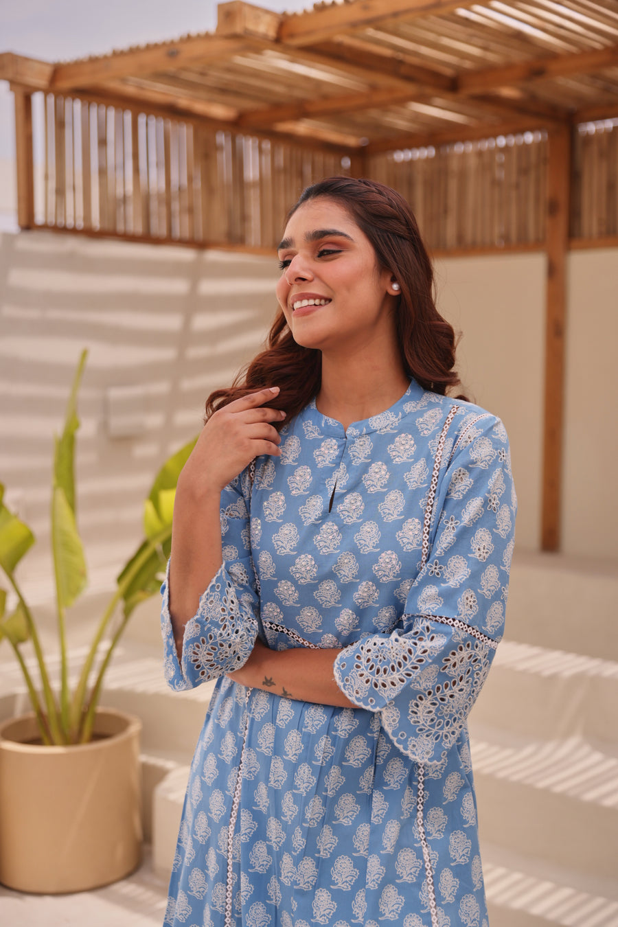 Blue Printed Cotton Kurta with Schiffli Lace & Sequin Work
