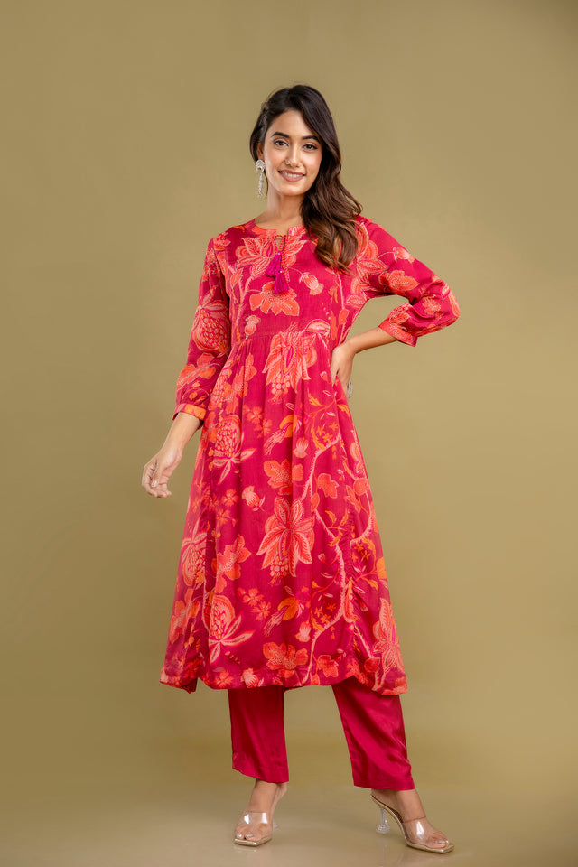Red Chinnon Embroidered Kurta Pant Set