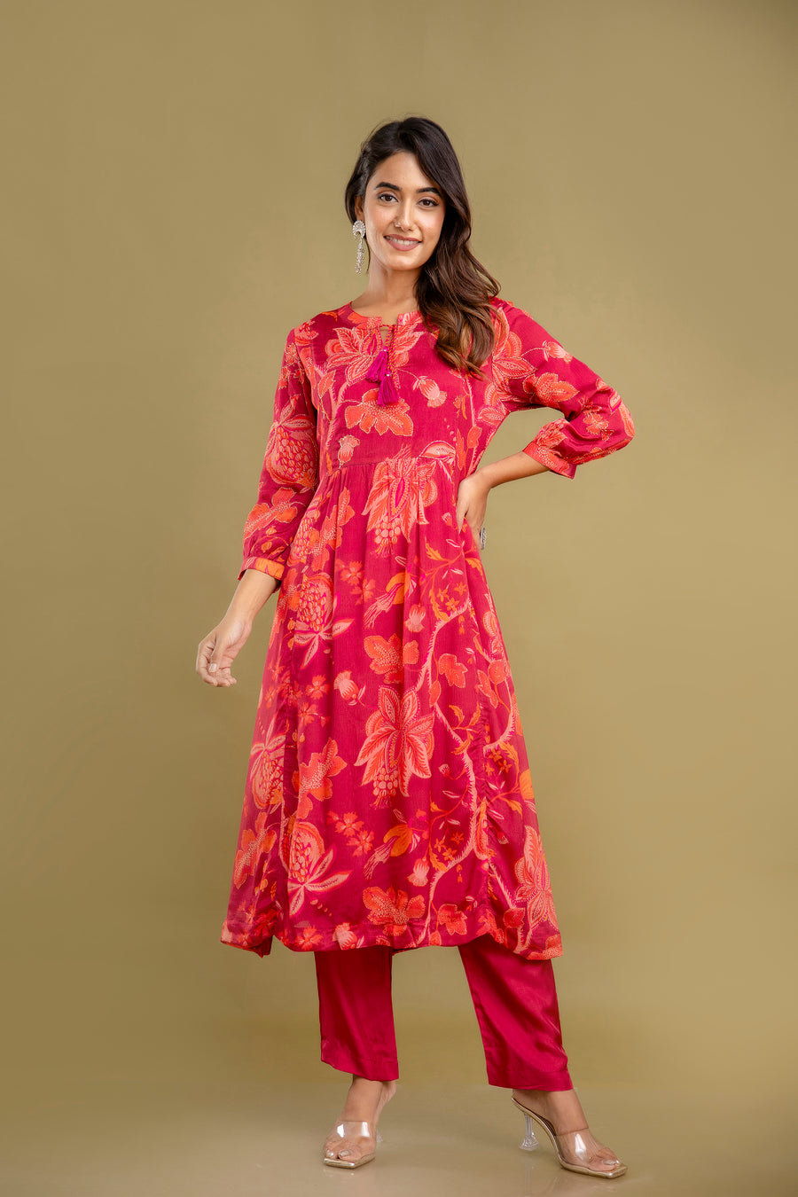 Red Chinnon Embroidered Kurta Pant Set