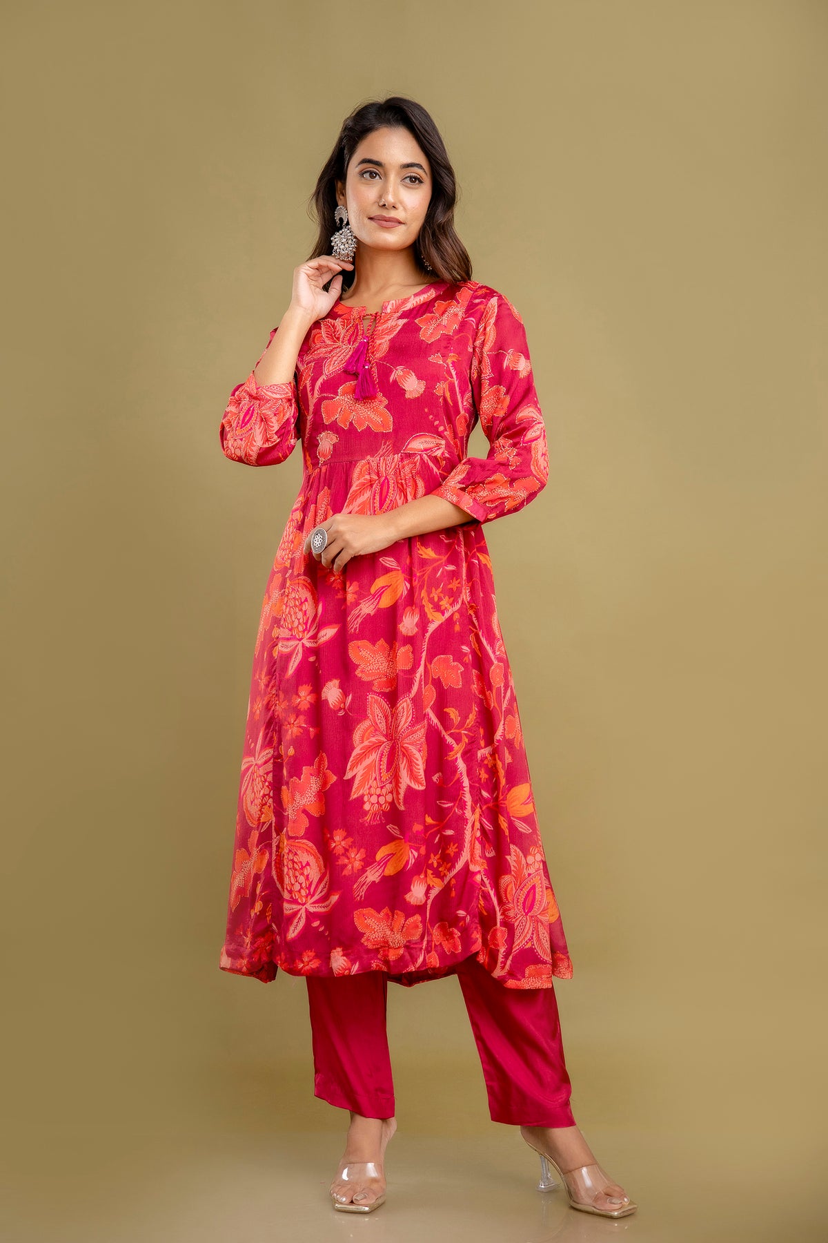 Red Chinnon Embroidered Kurta Pant Set