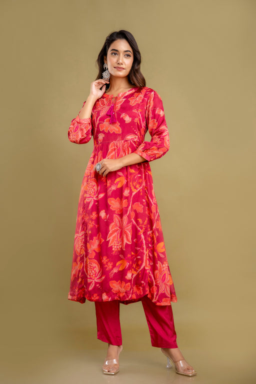 Red Chinnon Embroidered Kurta Pant Set