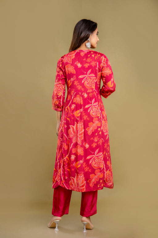Red Chinnon Embroidered Kurta Pant Set