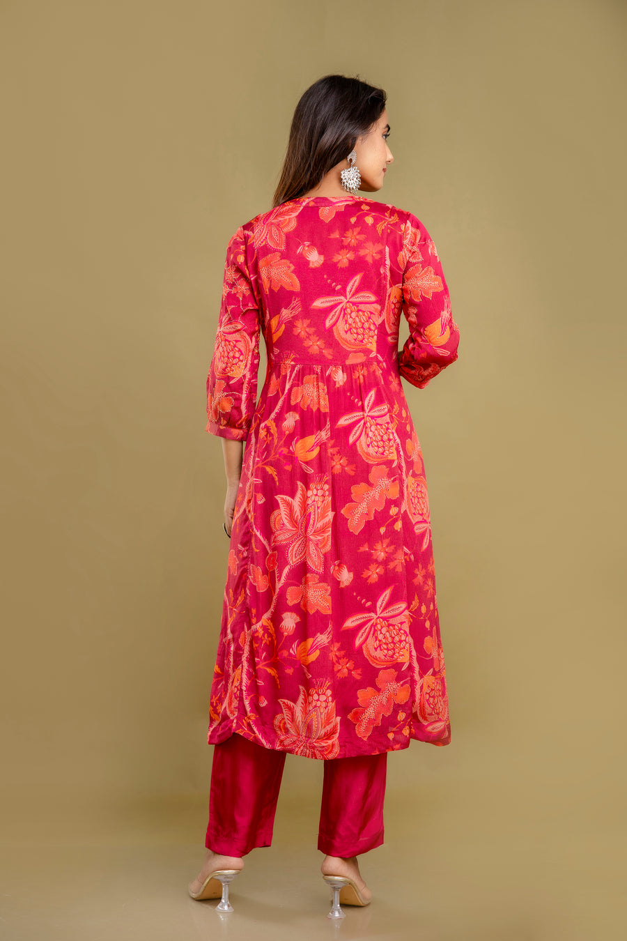 Red Chinnon Embroidered Kurta Pant Set