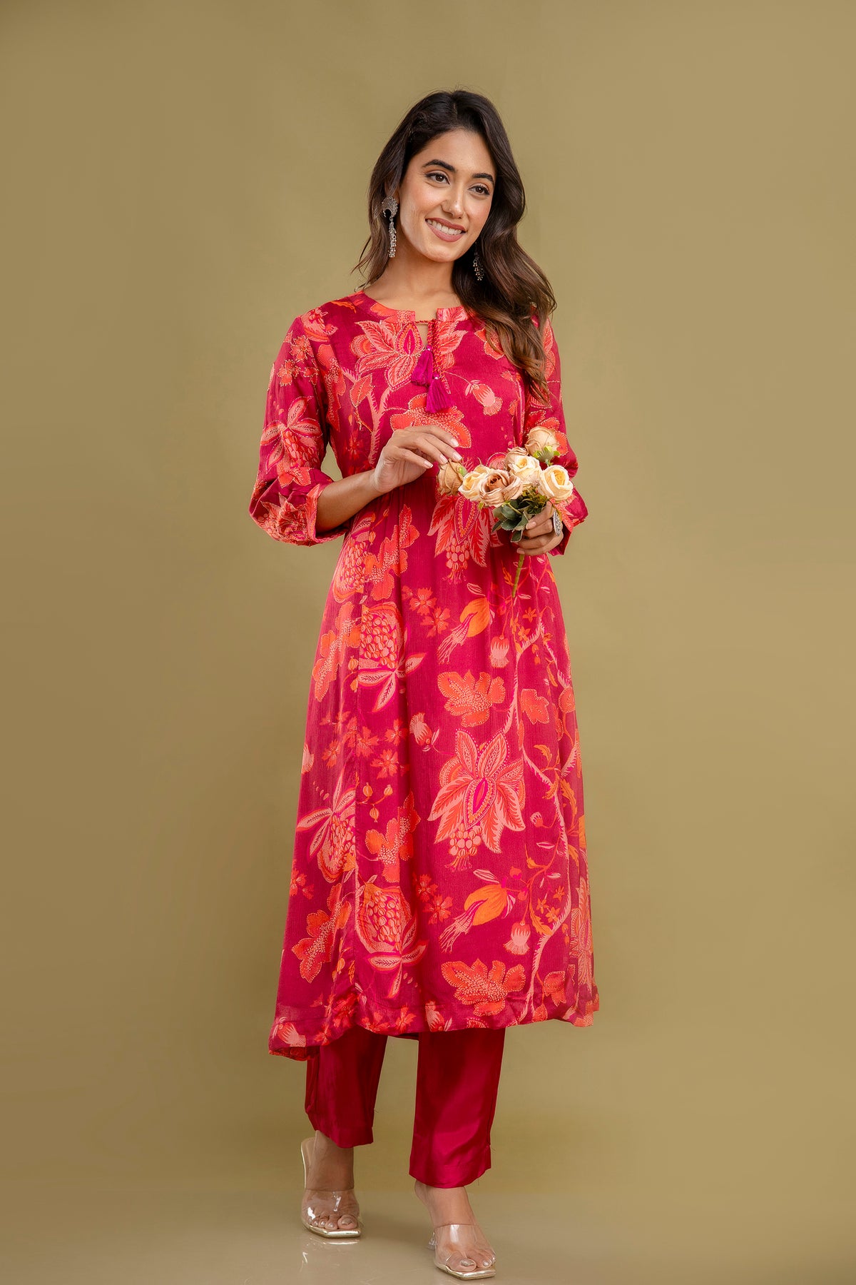 Red Chinnon Embroidered Kurta Pant Set