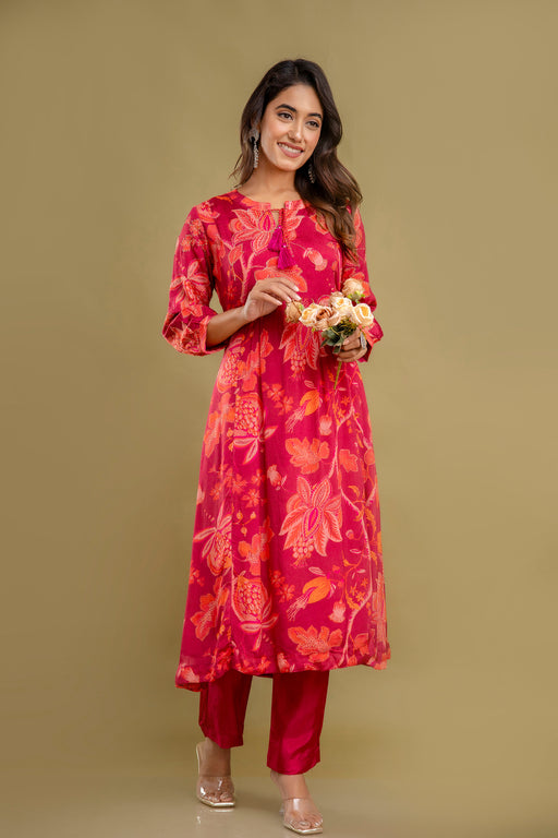 Red Chinnon Embroidered Kurta Pant Set