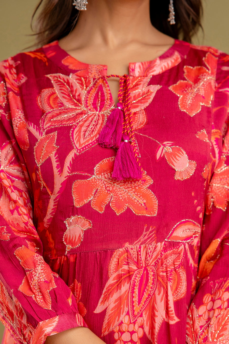 Red Chinnon Embroidered Kurta Pant Set