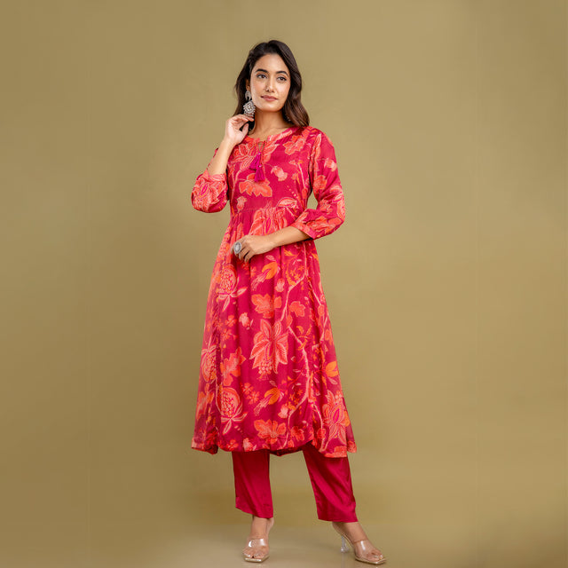 Red Chinnon Embroidered Kurta Pant Set