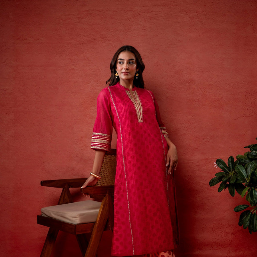 Zari Work Rani Kota Doria Kurta Set with Polka Print Inner & Pant