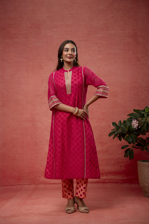Zari Work Rani Kota Doria Kurta Set with Polka Print Inner & Pant