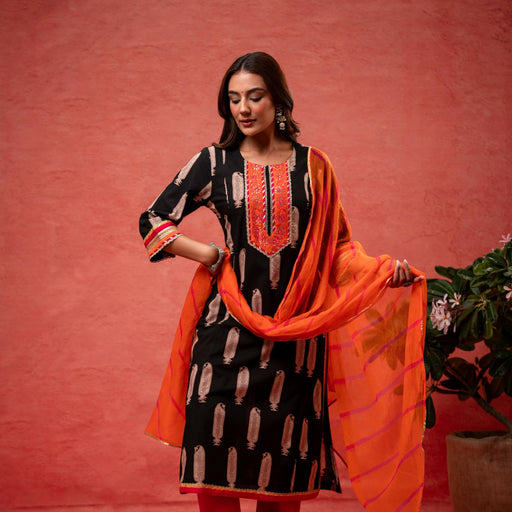 Gota Aari Zari Laces Cotton Black Suit Set with Kota Doria Dupatta