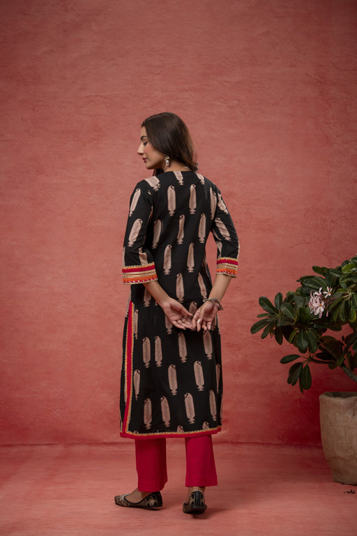 Gota Aari Zari Laces Cotton Black Suit Set with Kota Doria Dupatta