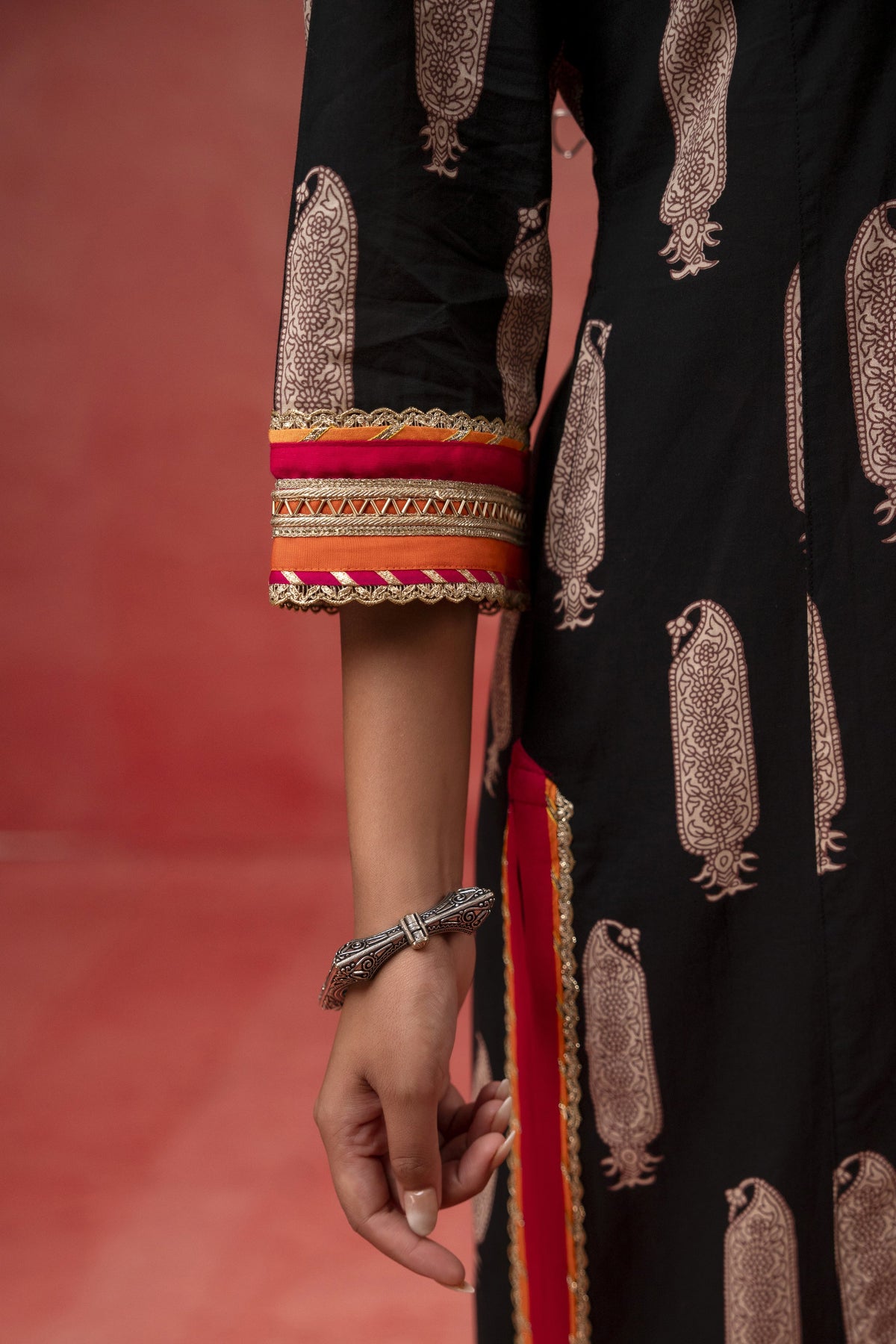 Gota Aari Zari Laces Cotton Black Suit Set with Kota Doria Dupatta