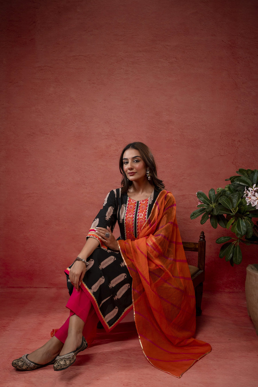 Gota Aari Zari Laces Cotton Black Suit Set with Kota Doria Dupatta
