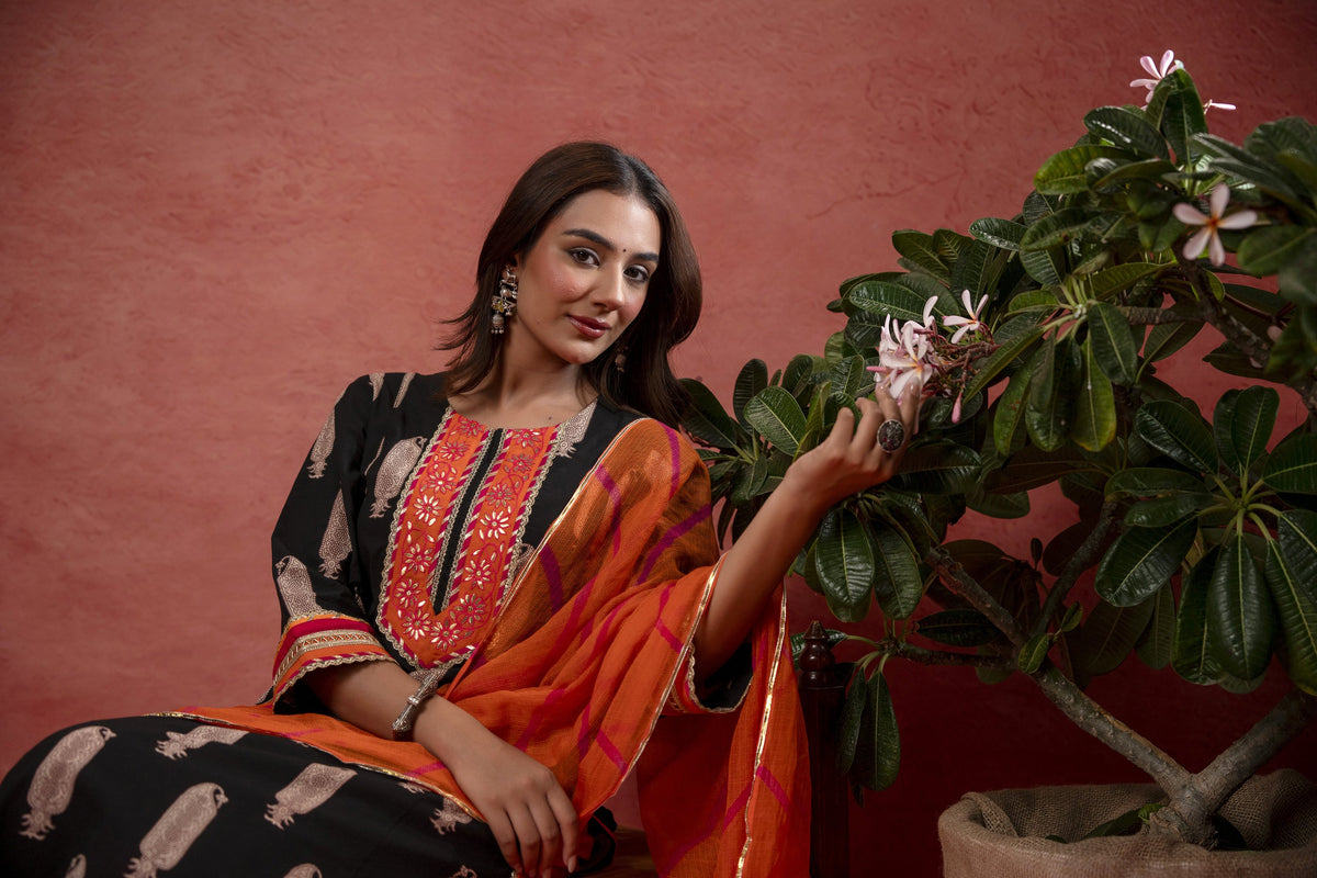 Gota Aari Zari Laces Cotton Black Suit Set with Kota Doria Dupatta
