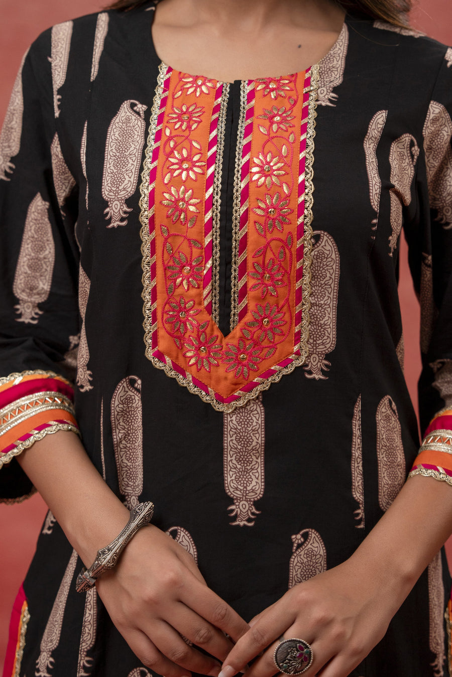 Gota Aari Zari Laces Cotton Black Suit Set with Kota Doria Dupatta
