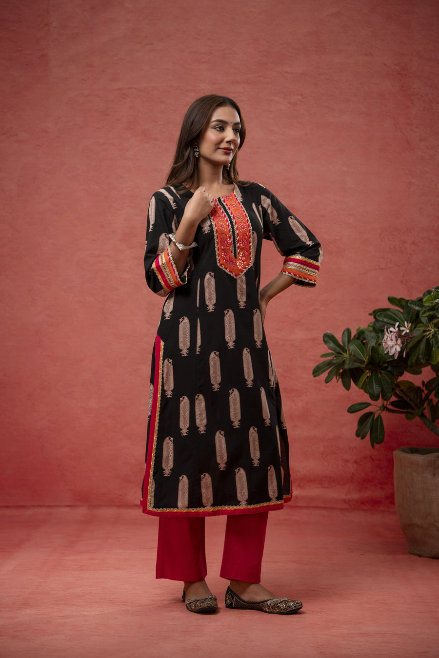 Gota Aari Zari Laces Cotton Black Suit Set with Kota Doria Dupatta