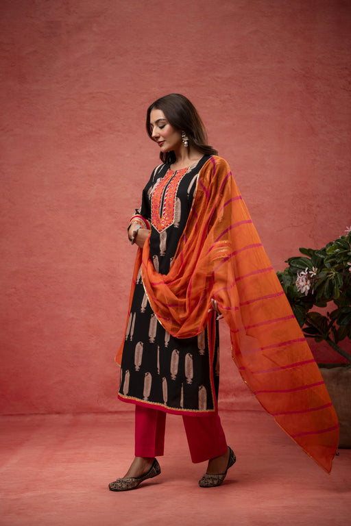 Gota Aari Zari Laces Cotton Black Suit Set with Kota Doria Dupatta