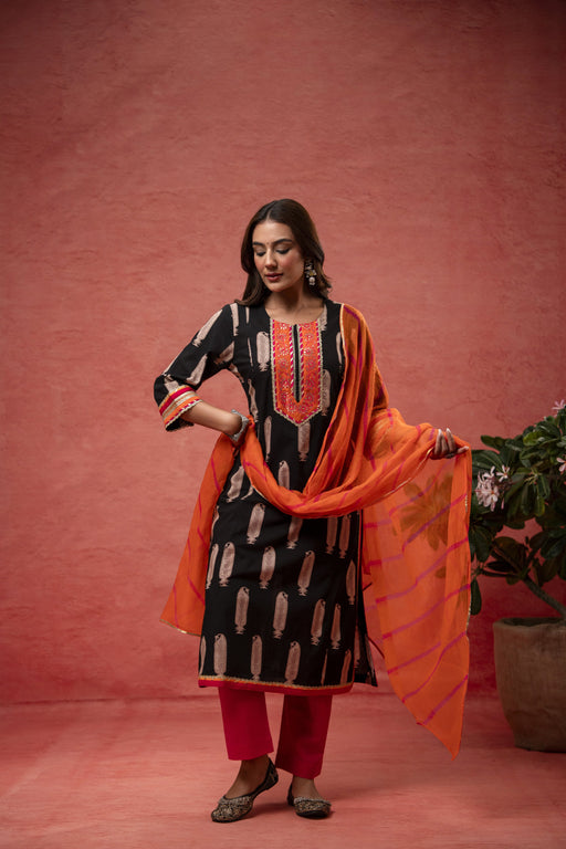 Gota Aari Zari Laces Cotton Black Suit Set with Kota Doria Dupatta