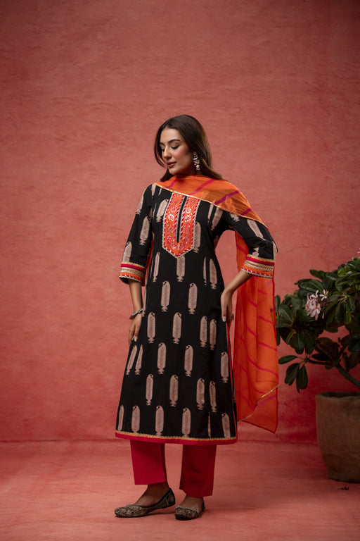Gota Aari Zari Laces Cotton Black Suit Set with Kota Doria Dupatta