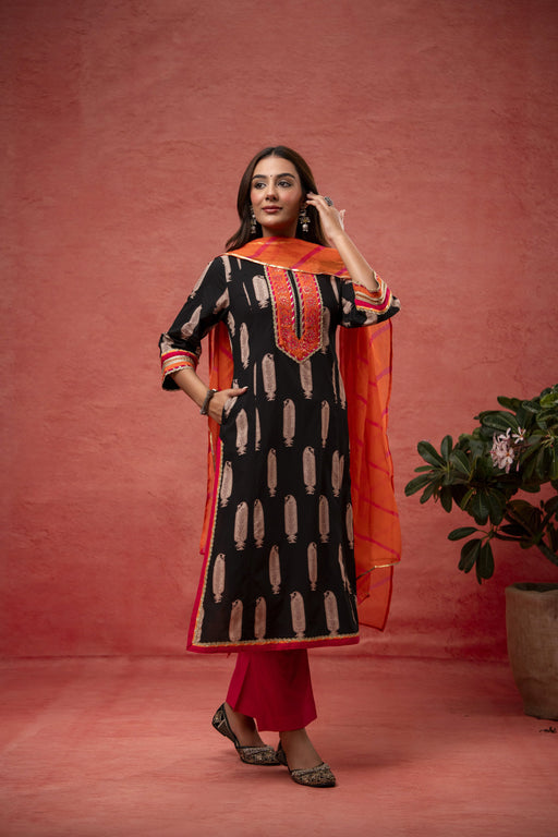 Gota Aari Zari Laces Cotton Black Suit Set with Kota Doria Dupatta